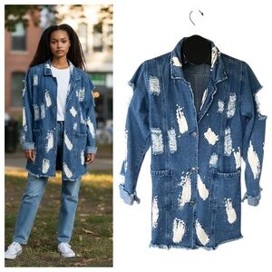 Fashion Nova distressed blue denim duster jacket with white paint splatters